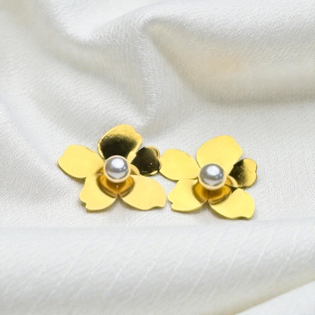 Gilded Camellia Pearl Studs