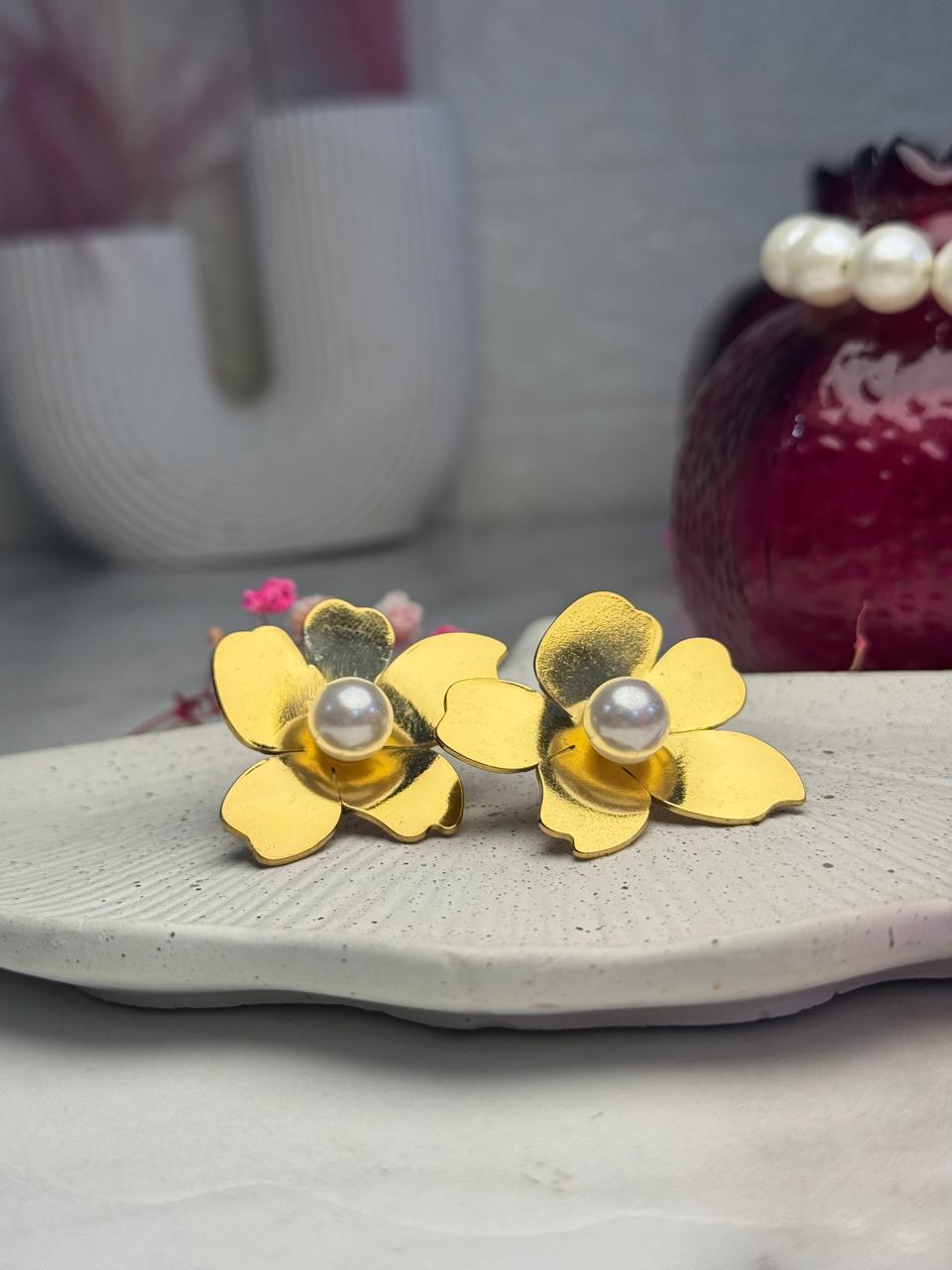 Gilded Camellia Pearl Studs