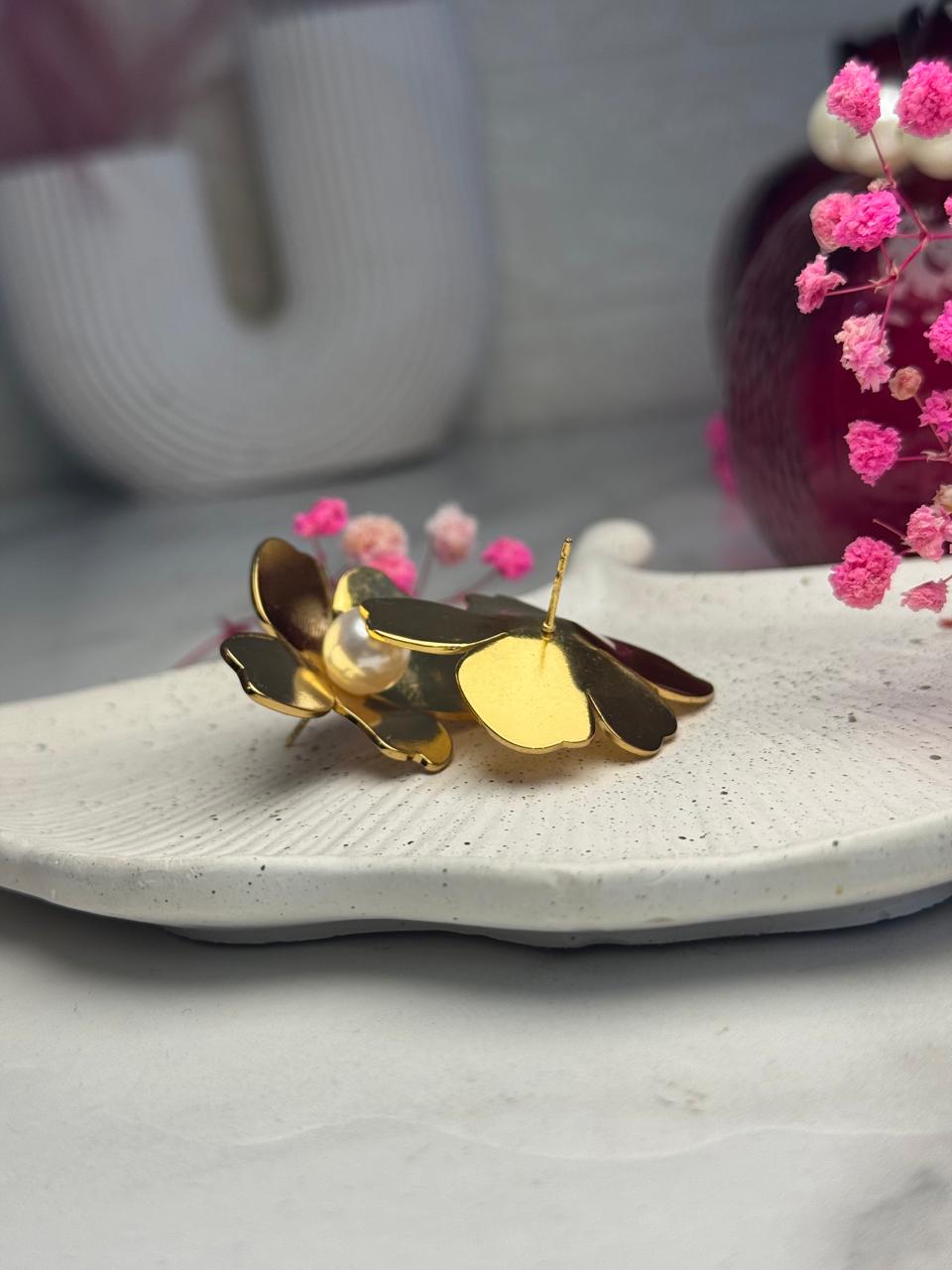 Gilded Camellia Pearl Studs